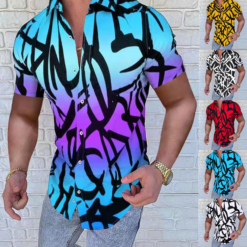 European And American Style Men's Clothing Lapel Print Casual Loose Short Sleeves Shirt