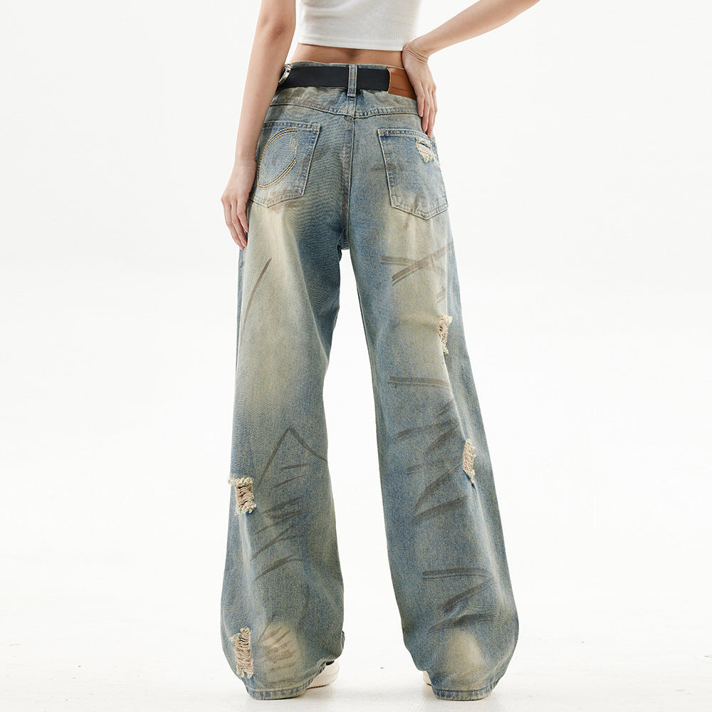 Graffiti Distressed Dirty Ripped Denim Trousers