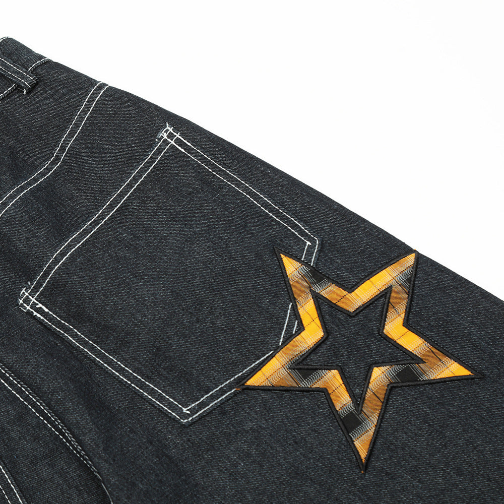 Design Five-pointed Star Affixed Cloth Embroidered Straight-leg Pants