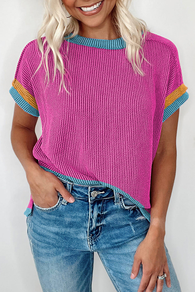 Fashion Color Contrast Stitching Three-quarter Sleeve Top