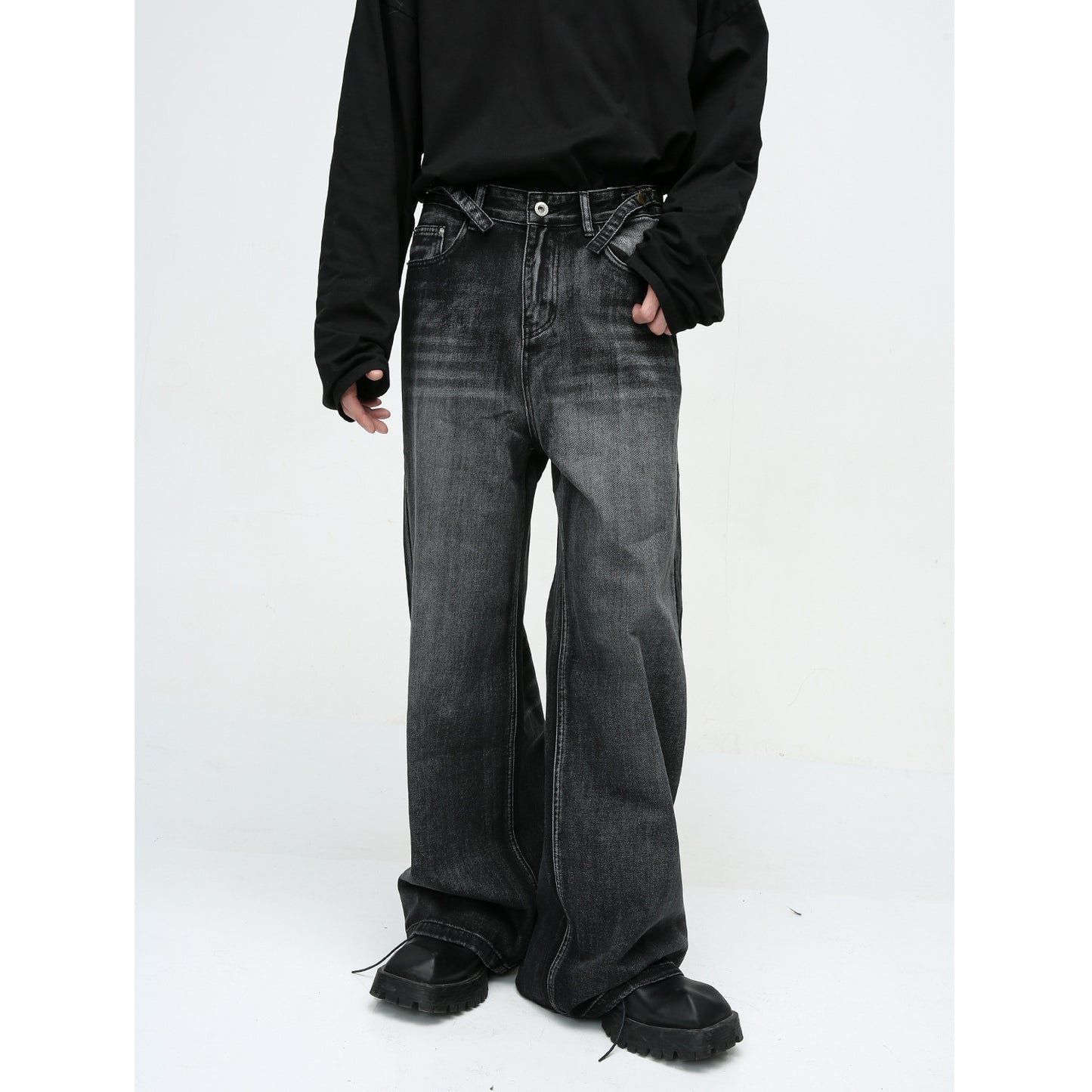 New American High Street Pu Handsome Mop Straight Loose Jeans