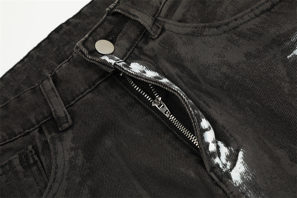 Punk Waste Soil Distressed Men Denim Straight-leg Trousers