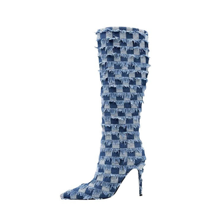 Chessboard Plaid Denim Blue Cloth Women's Boots