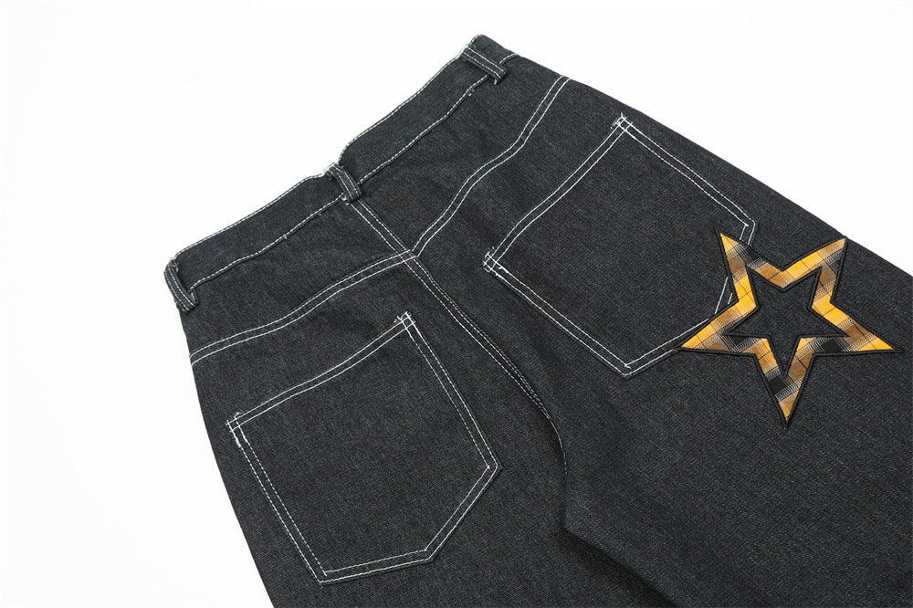 Design Five-pointed Star Affixed Cloth Embroidered Straight-leg Pants