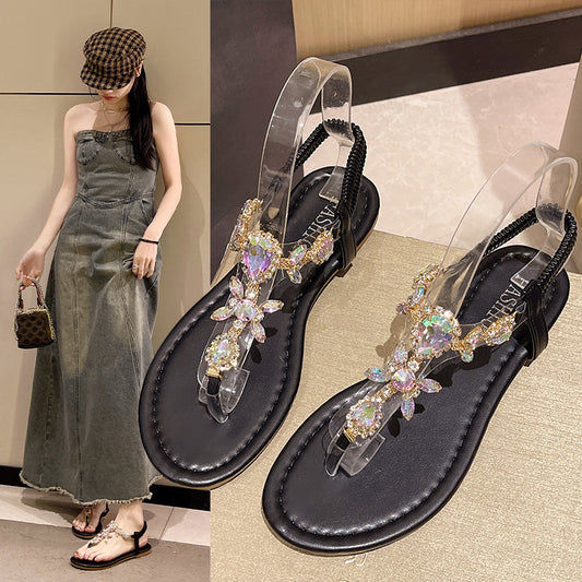 Classic Style Flat Flip-toe Rhinestone Simple Sandals For Women