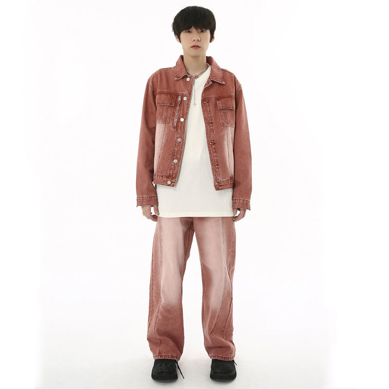 Autumn New Retro Distressed Brick Red Denim Jacket Stitching Trousers