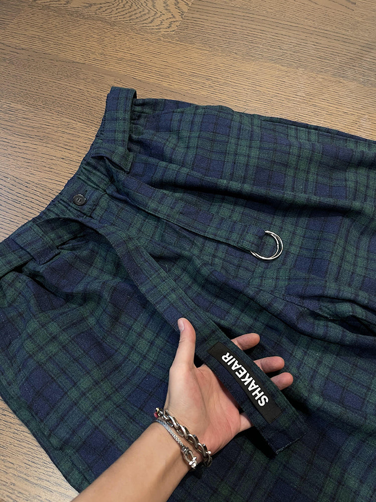 Retro Loose Profile Green Plaid Belt Casual Pants