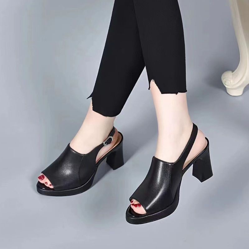 Genuine Leather Women's Soft Bottom Chunky Heel High Heels