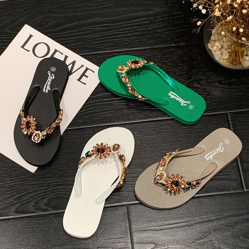 Summer New SUNFLOWER Outer Wear Flat High-grade Diamond-embedded Beach Slippers