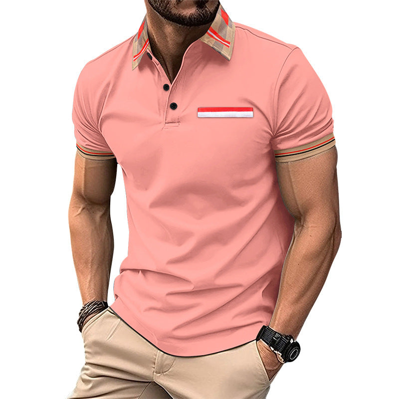 Color Matching Polo Collar Stripes Versatile T-shirt