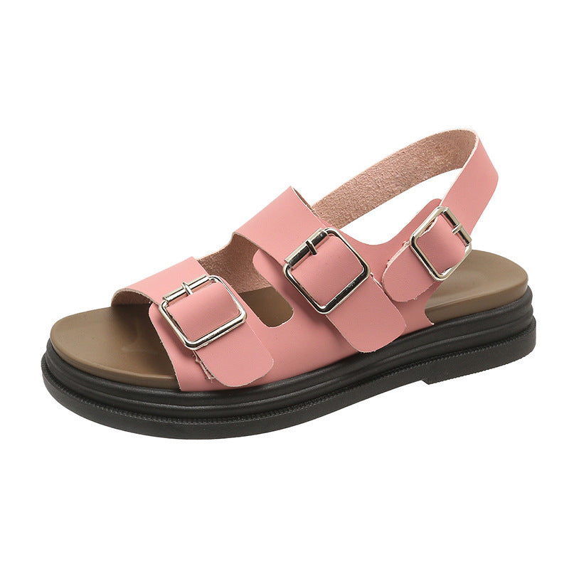 Women's Thick-soled Double-belt Buckle Flat Beach Sandals