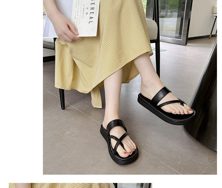 Women's Cross Strap Toe Covering Casual All-matching Outer Wear Vintage Soft Bottom Comfortable Beach Slippers