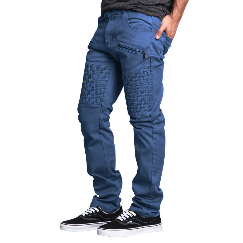 Casual Autumn Men's Personality Leather Stitching Thin Straight-leg Trousers