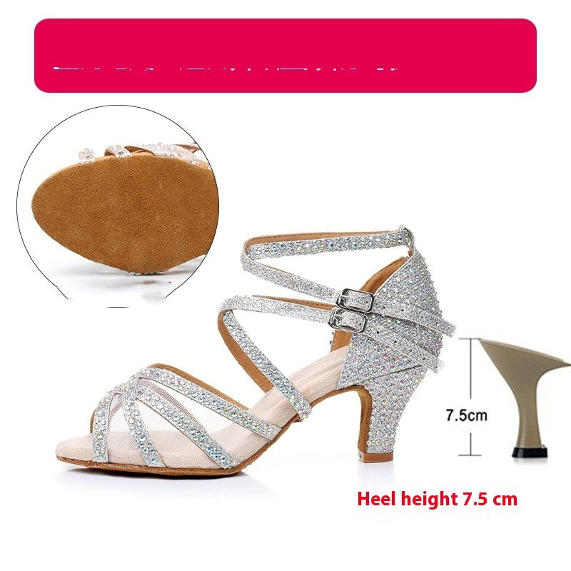 Diamond Latin Dance Shoes Women's Sandals Professional Soft Bottom Dance Shoes Mid-high Heeloutdoor