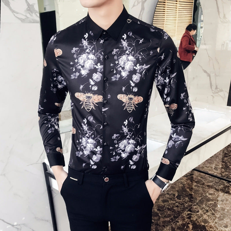 Black Rose Pattern Digital Printing Men's Long-sleeved Shirt