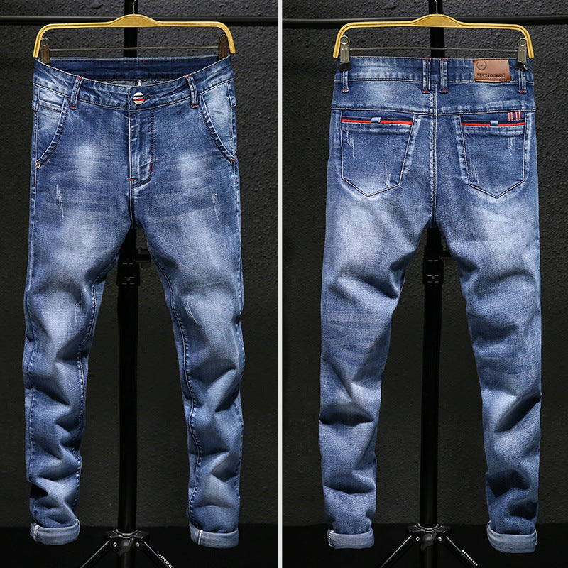 Autumn And Winter Men's Jeans Casual Fleece-lined Thickened Elastic Youth Slim Fit  Feet Pants