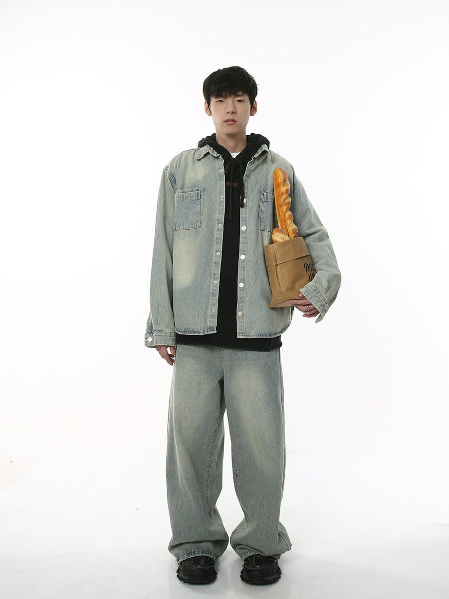 Autumn New Loose Washed-out Brushed White Beef Offal Shirt Coat Trousers