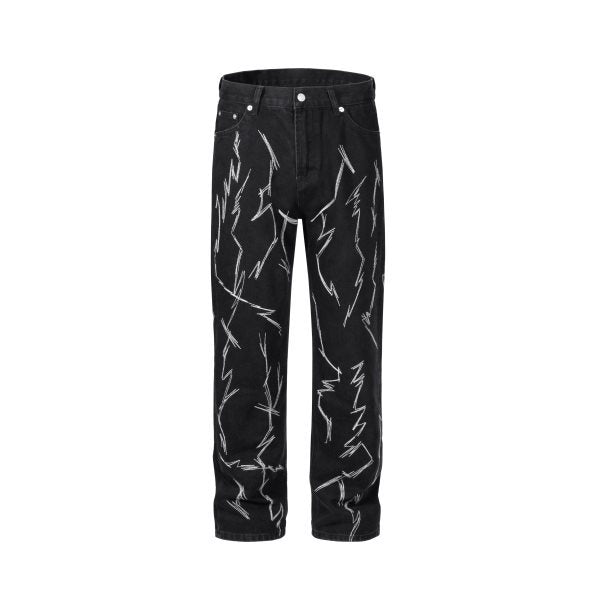 European And American High Street InsRO Style Lightning Embroidered Straight Jeans