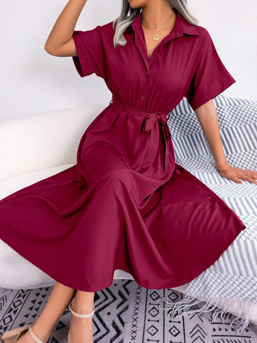 Ins Style European And American Leisure Loose Pure Color Tied Shirtdress