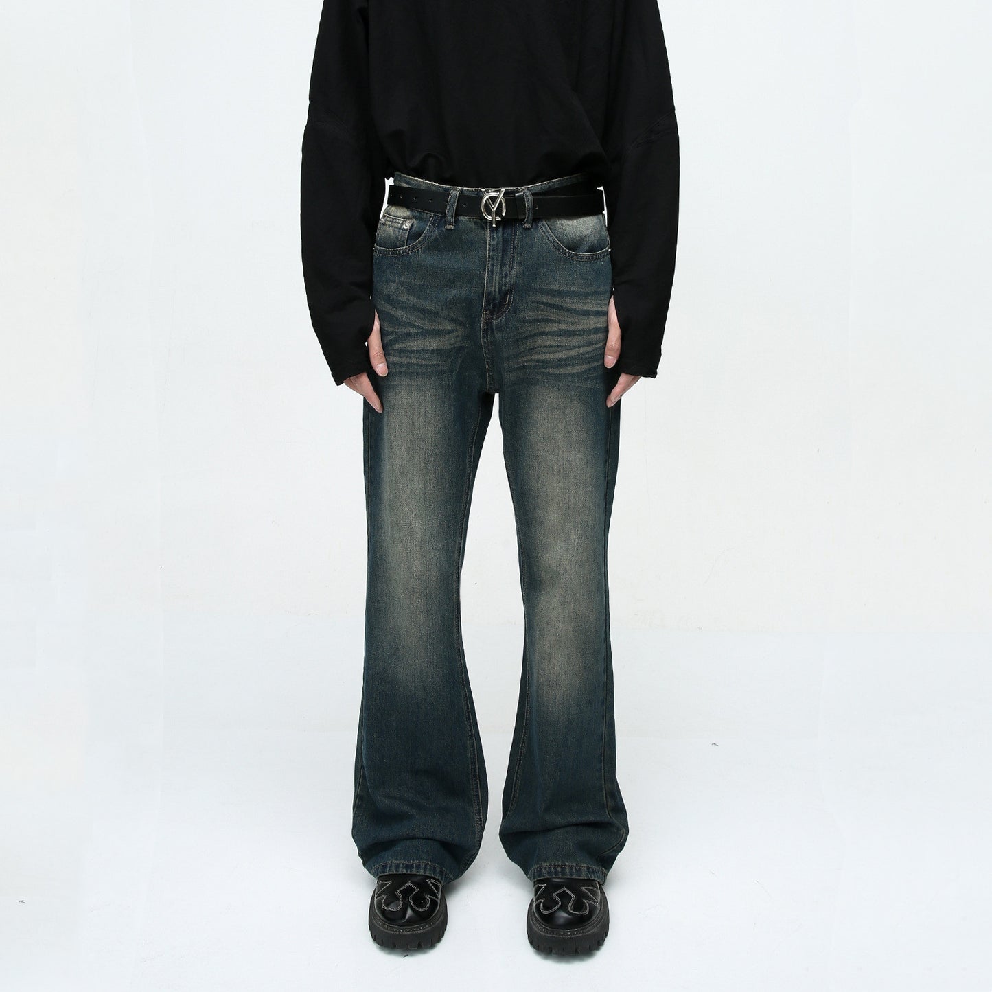 Autumn High Street Style Retro Washed Distressed Slightly Flared Jeans