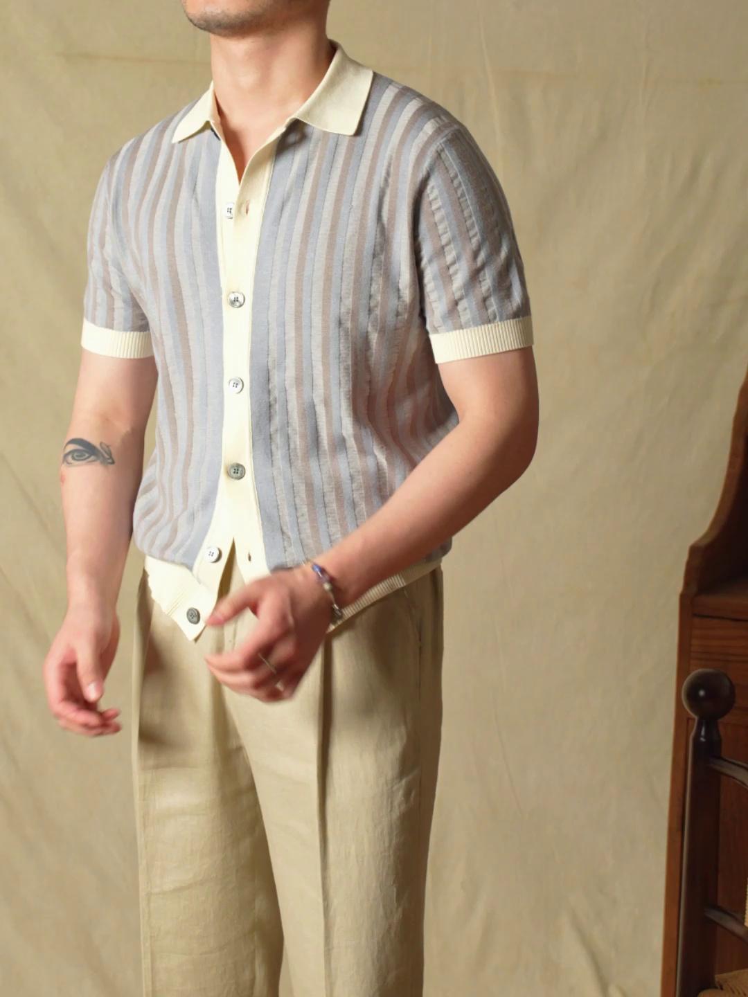 Summer Lapels Striped Jacquard Stitching Knitwear Short Sleeve Men