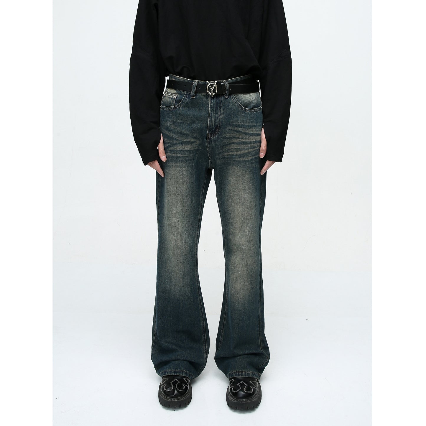 Autumn High Street Style Retro Washed Distressed Slightly Flared Jeans