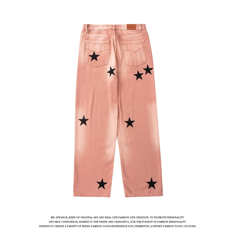 American Style Retro Street XINGX Printed Jeans Straight Casual Distressed Long Pants