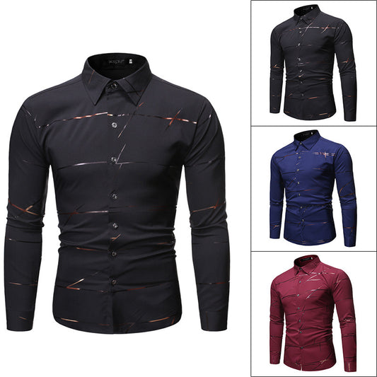 Fashion Henry Collar Design Shirt Line Bronzing Printing Long-sleeved Shirt For Men