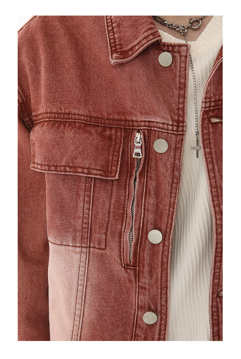 Autumn New Retro Distressed Brick Red Denim Jacket Stitching Trousers