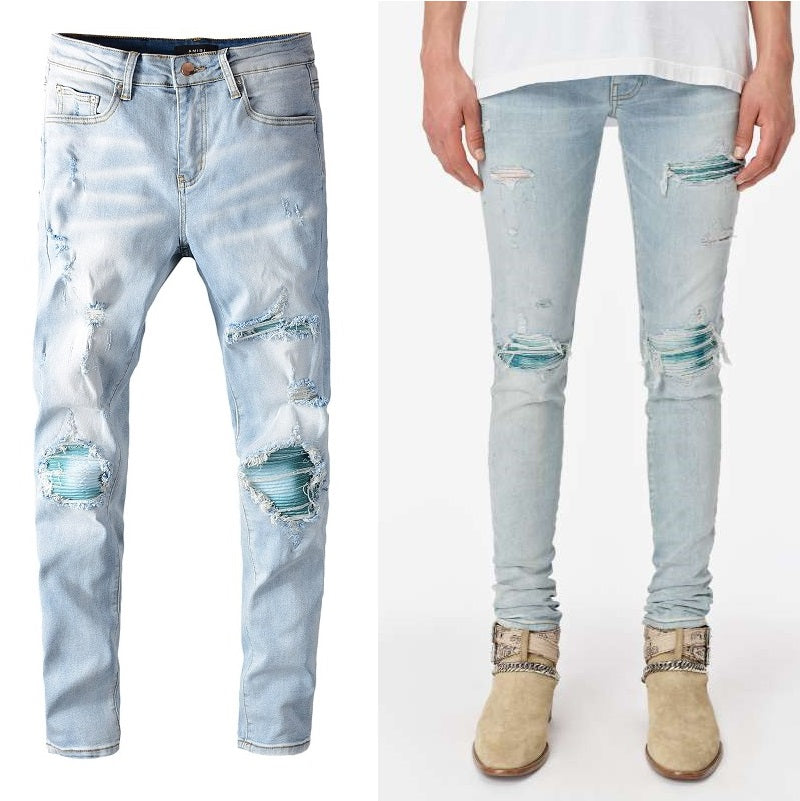 Baby Blue Wash Water Worn Patch Torn Jeans Male