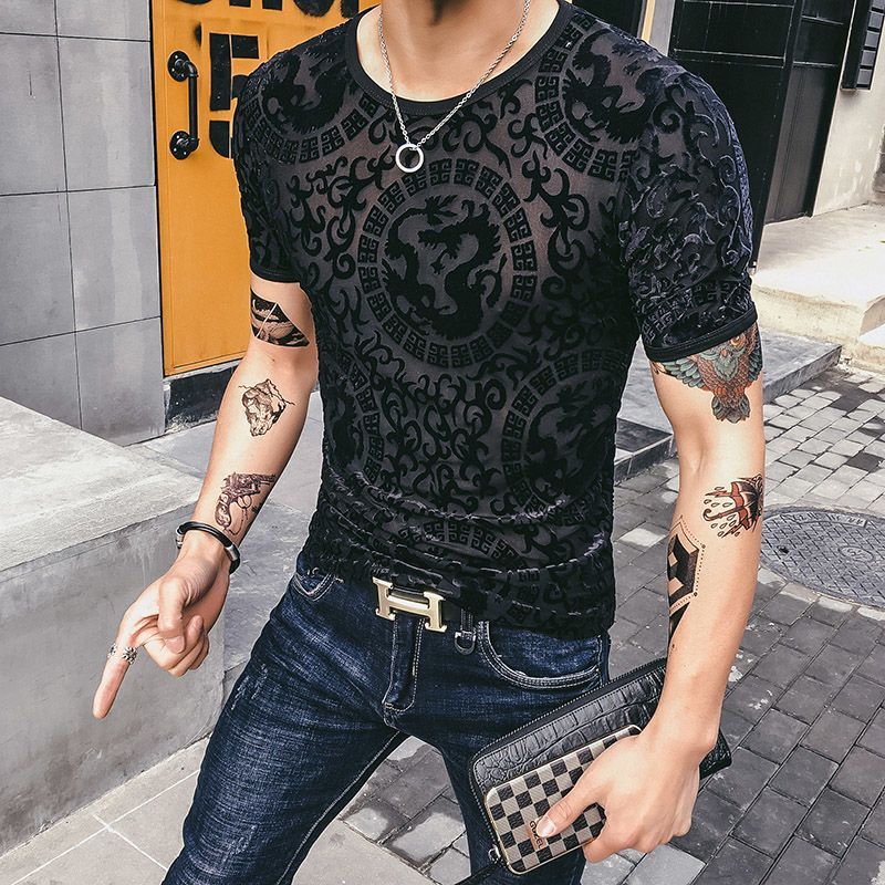 Men's Gold Velvet Ice Silk Cut-out Breathable Short Sleeve Round Neck T-shirt