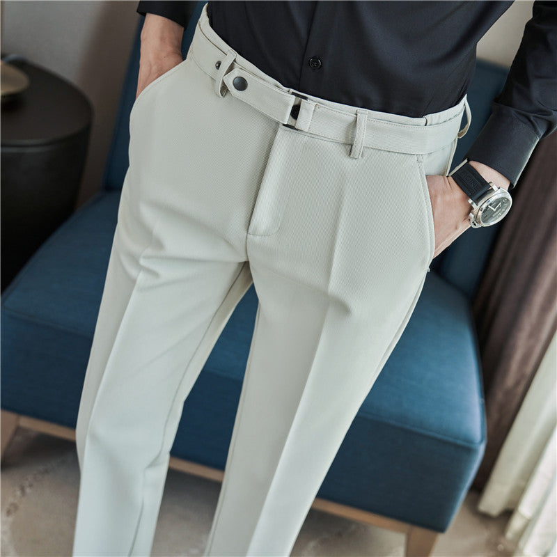 Fall Winter Men's Belt Design Slim-fit Textured Youth Suit Pants