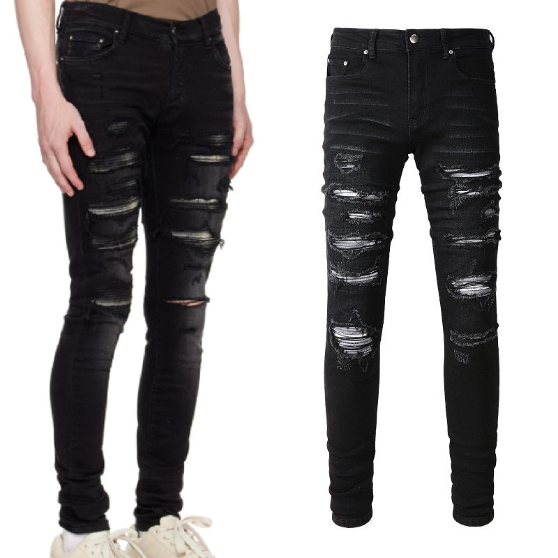 Collated Grey White Dyed Elastic Slim Fit Black Jeans For Men