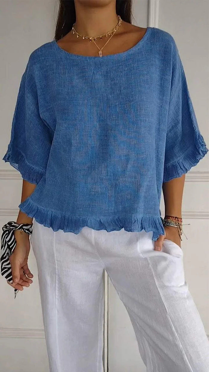 Pure Color Ruffles T-shirt Female Casual Short-sleeved Top