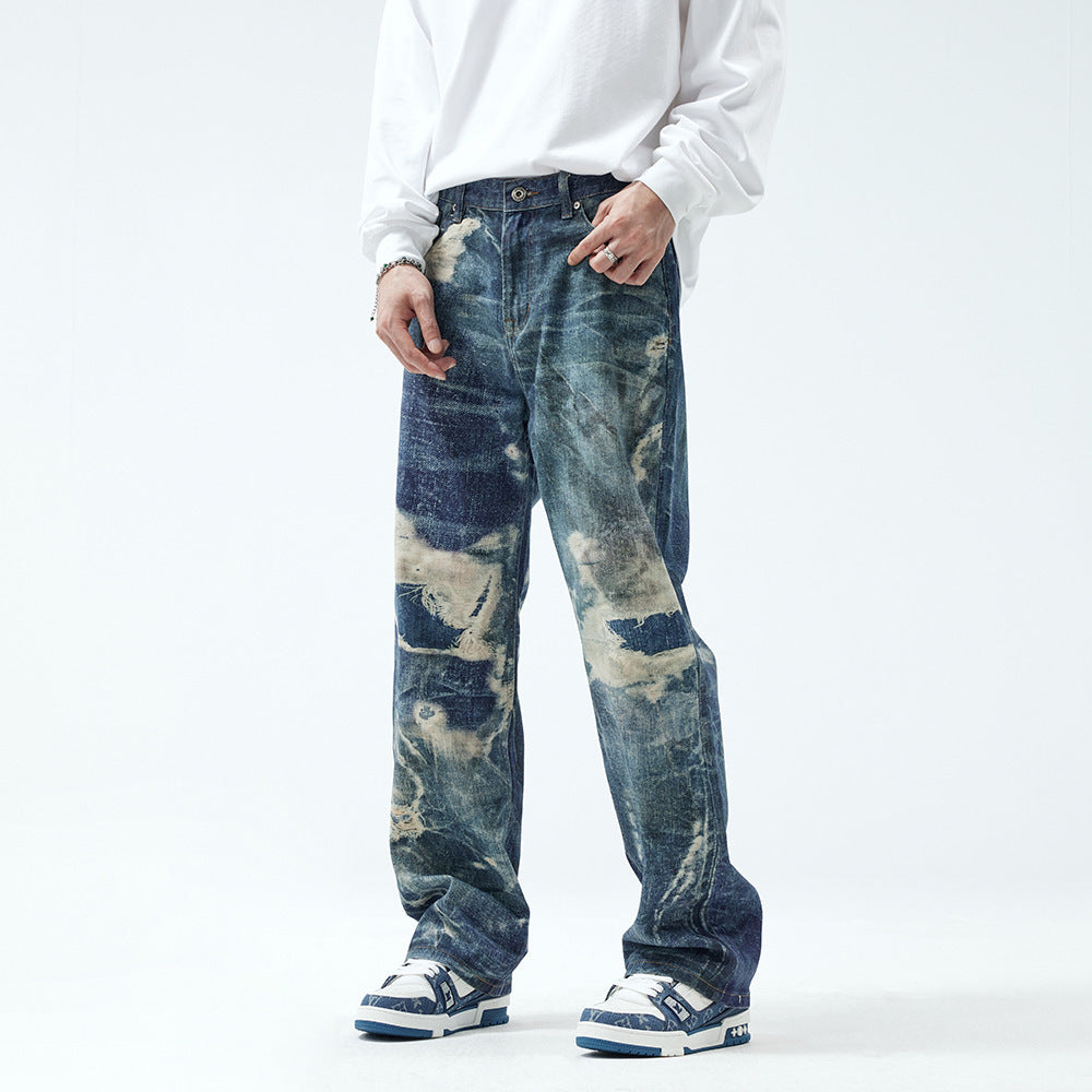 Fake Ripped Jeans Men's Fashion Straight Trousers