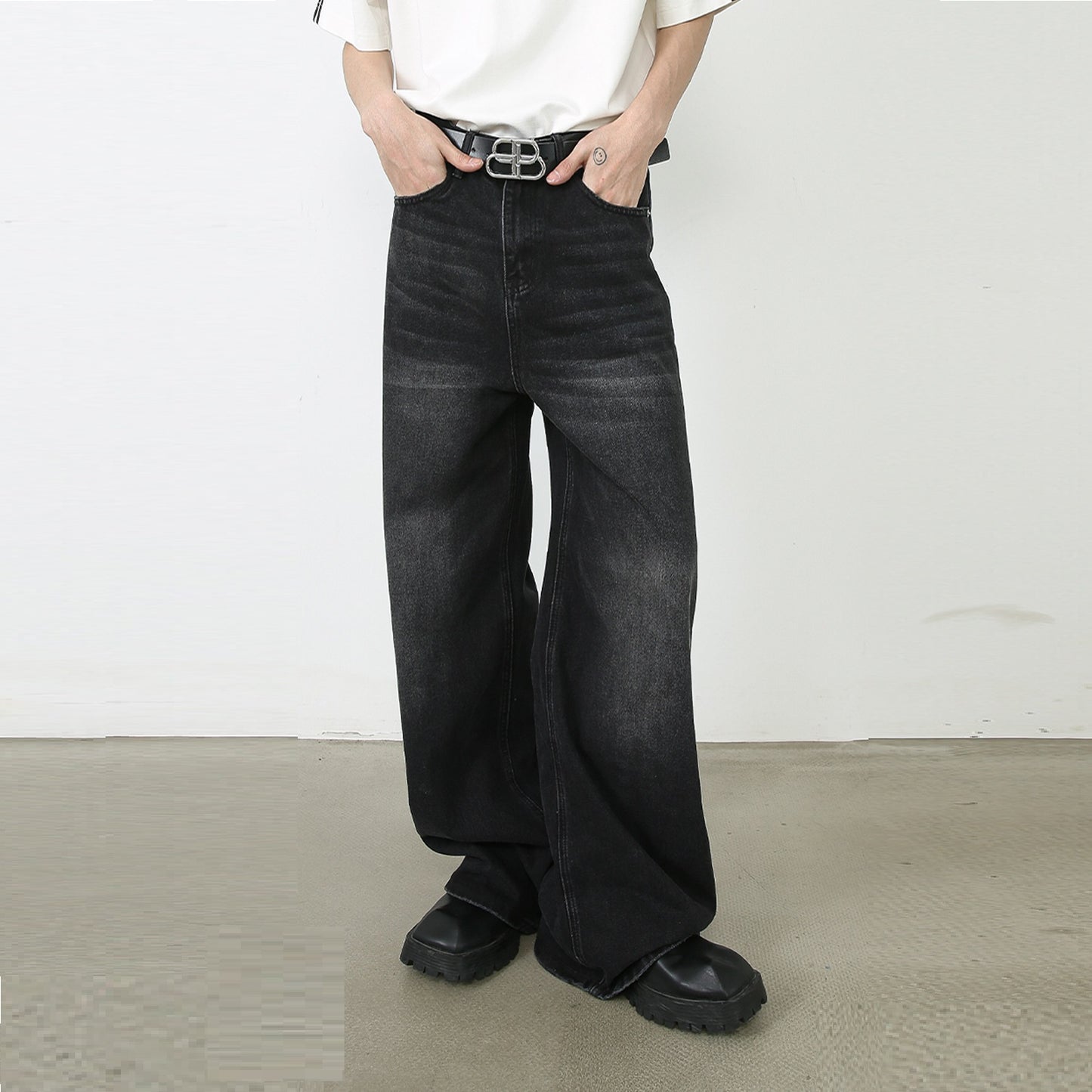 Men's Pu Shuai Korean Version Loose Washed-out Straight Wide Leg Mop Pants