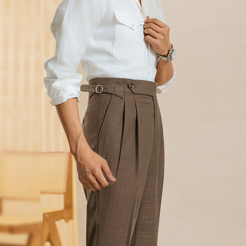 Men's Striped Double Pleated Straight Leg Pants