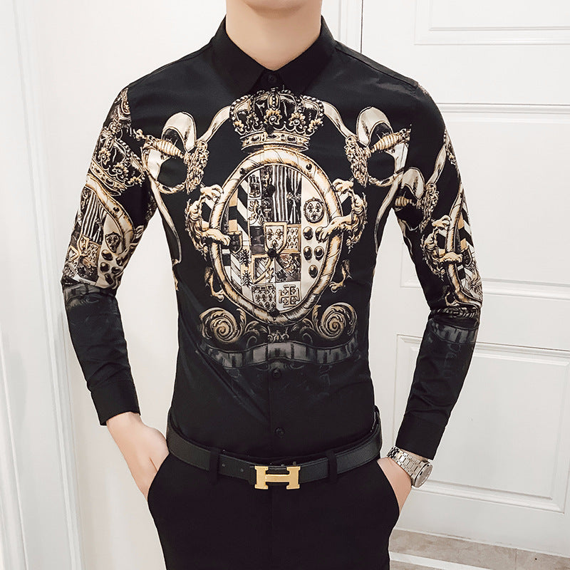 Black Rose Pattern Digital Printing Men's Long-sleeved Shirt