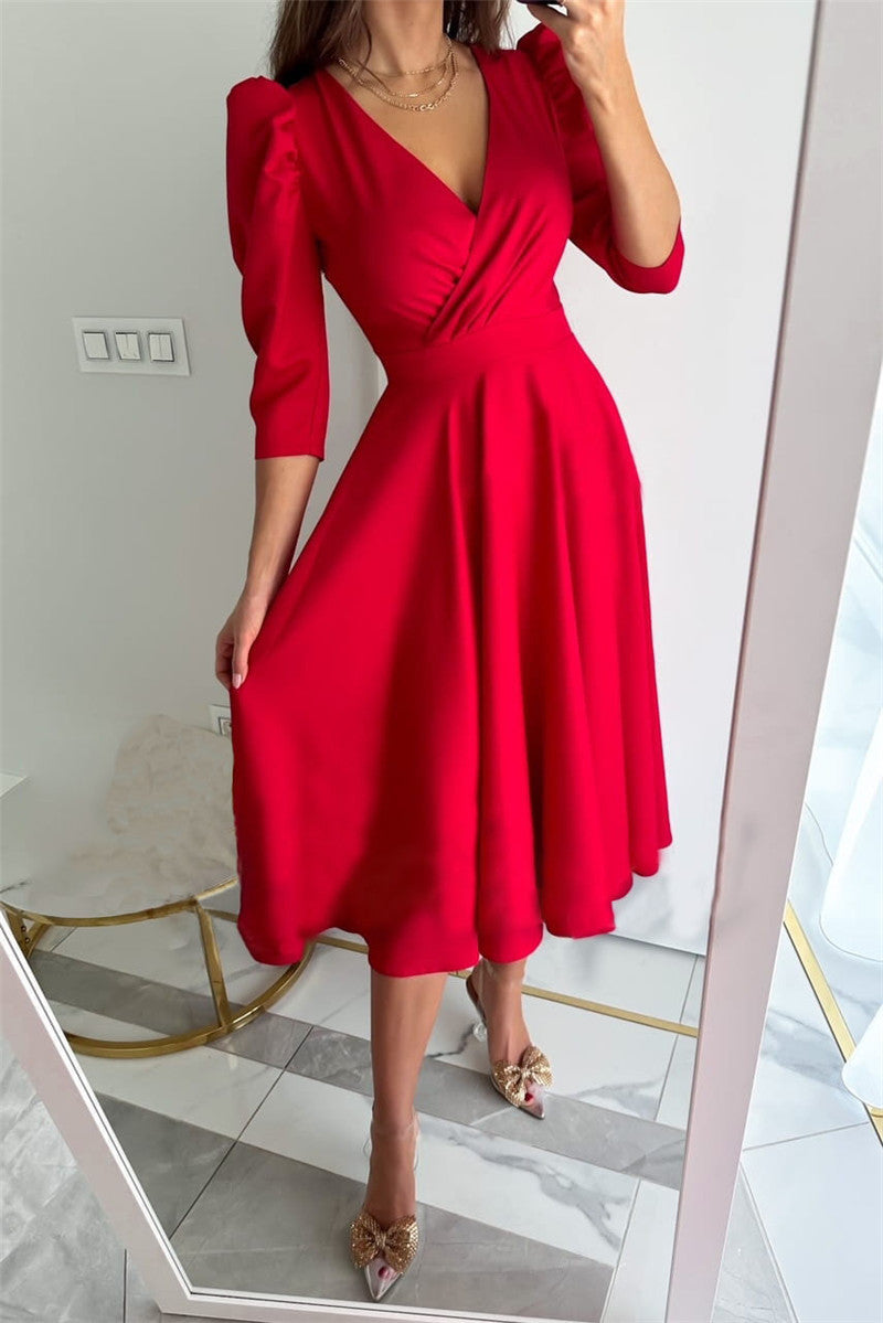 Women's Solid Color Pleated Waist Tight 34 Sleeve Swing Dress