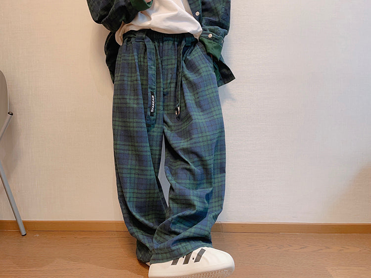 Retro Loose Profile Green Plaid Belt Casual Pants