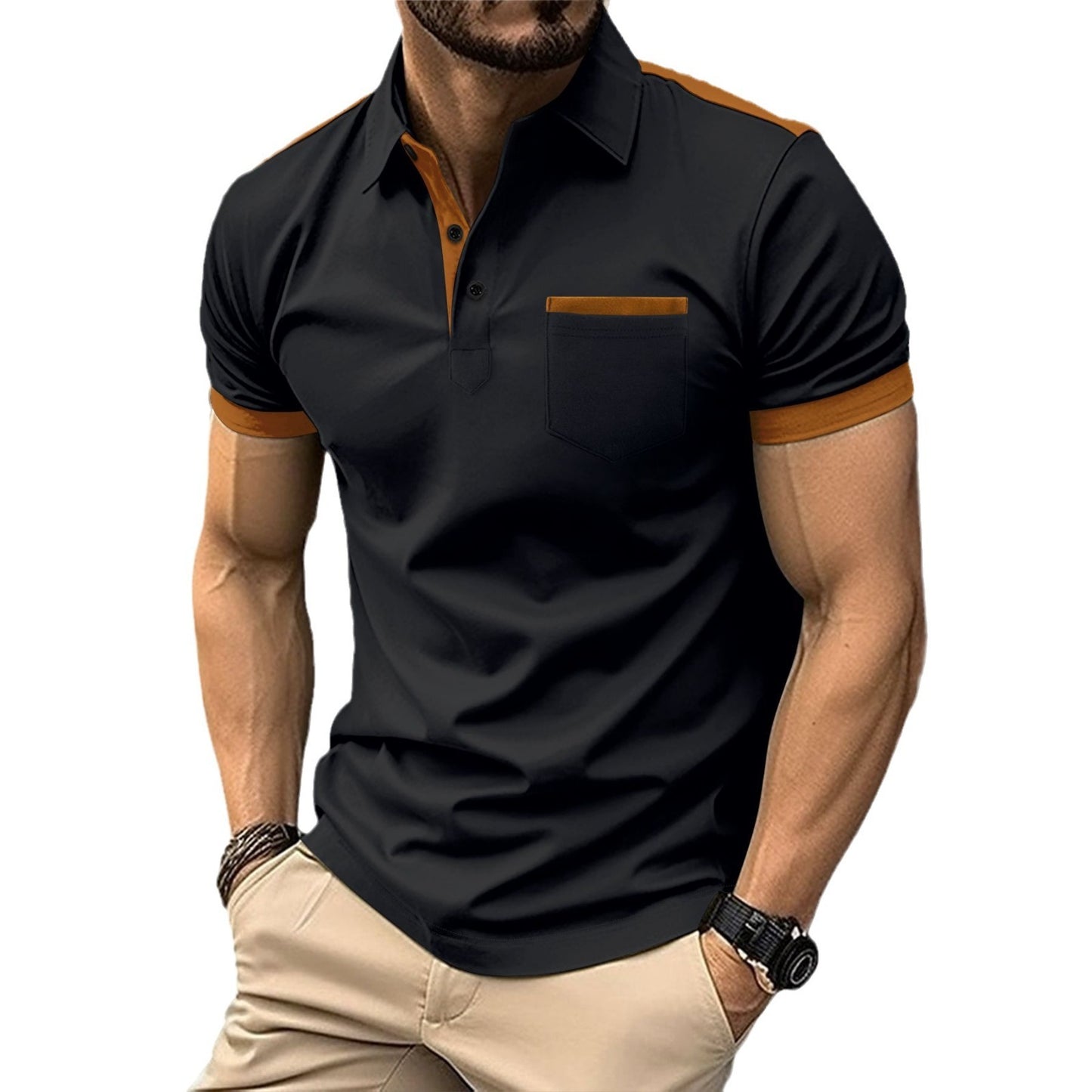 Lapel Button Stitching Color Matching All-match T-shirt