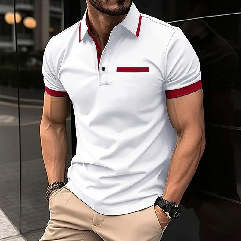 European And American Leisure Polo Shirt Chest Faux Pocket Lapel Button Business T-shirt Color Matching