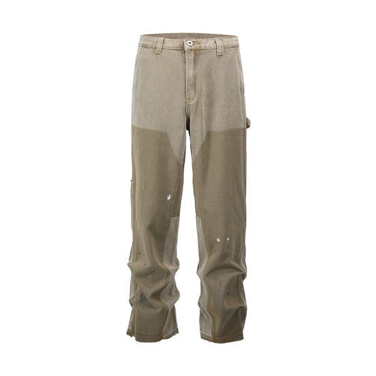 High Street Washed Stitching Baggy Straight Trousers Jeans