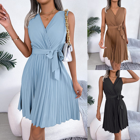 European And American Elegant Cross V-neck Sleeveless Cinched Pleated Dress