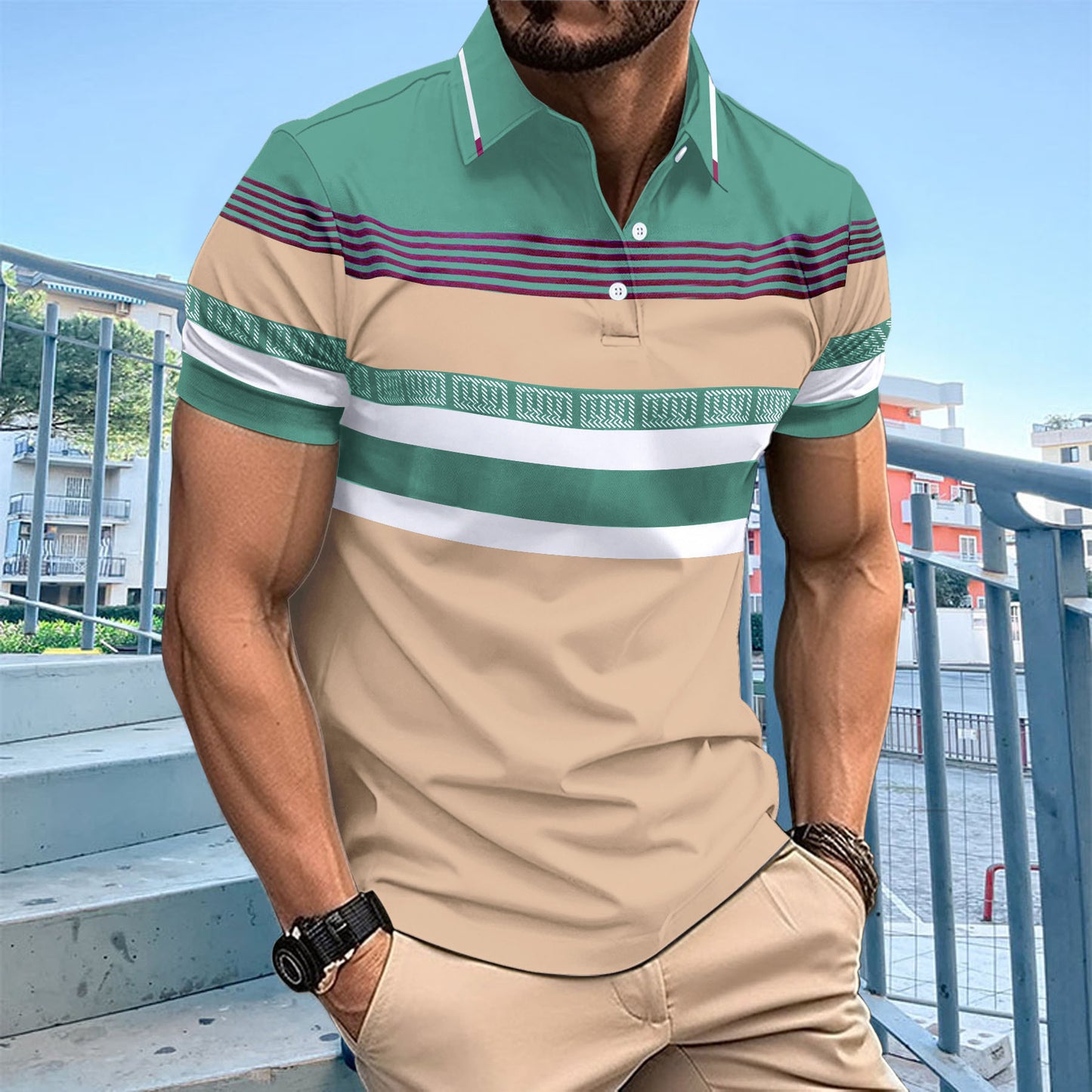 Printed Striped Button Polo Collar Top