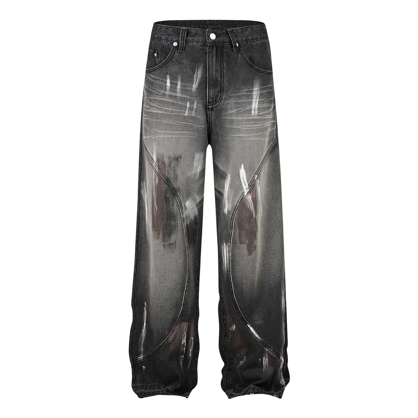 Retro Washed Distressed Graffiti Stitching Jeans Wide-leg Straight Trousers