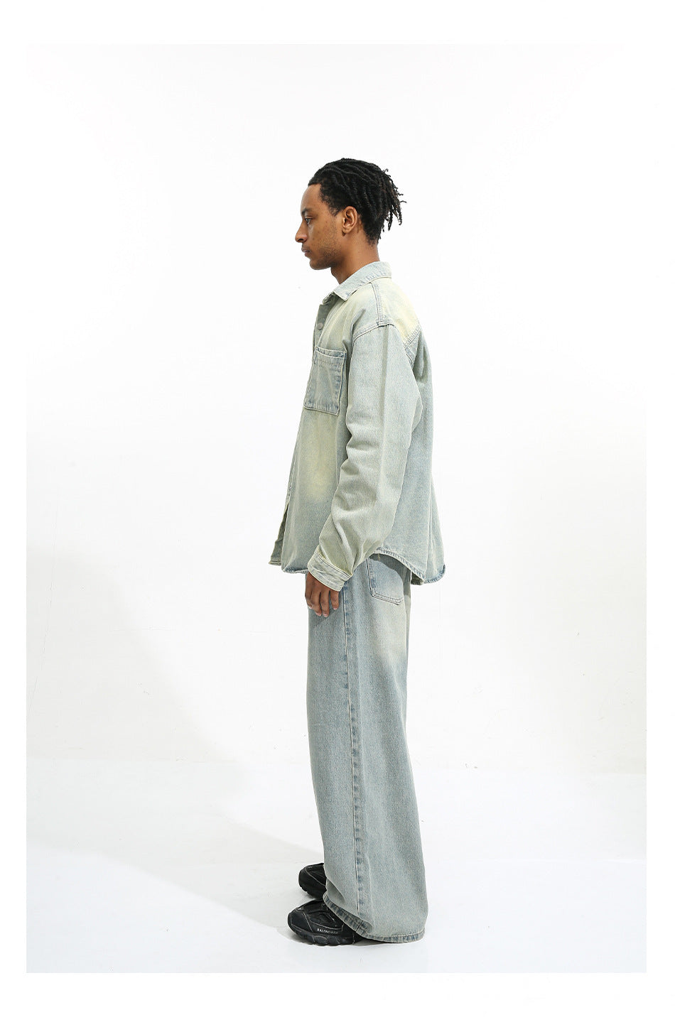 Men's Loose Washed-out Brushed White Light Blue Denim Coat Trousers