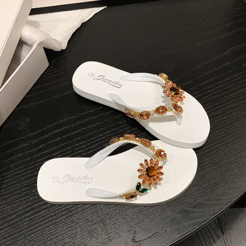 Summer New SUNFLOWER Outer Wear Flat High-grade Diamond-embedded Beach Slippers