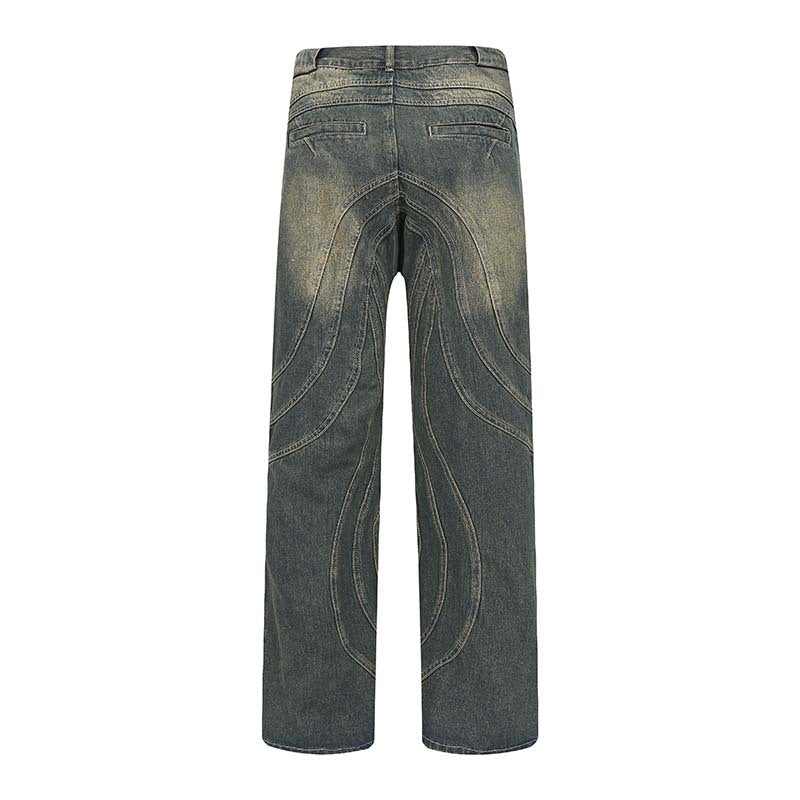 Men's Street Three-dimensional Line Cut Stitching Straight Jeans