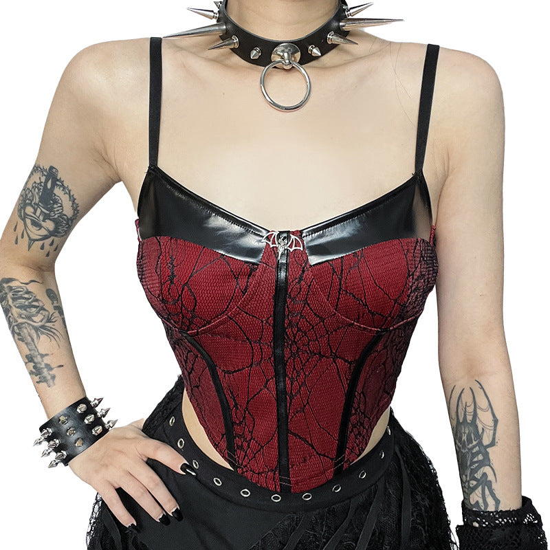 Dark Style European And American Elegant Leather Splicing Sling Vest